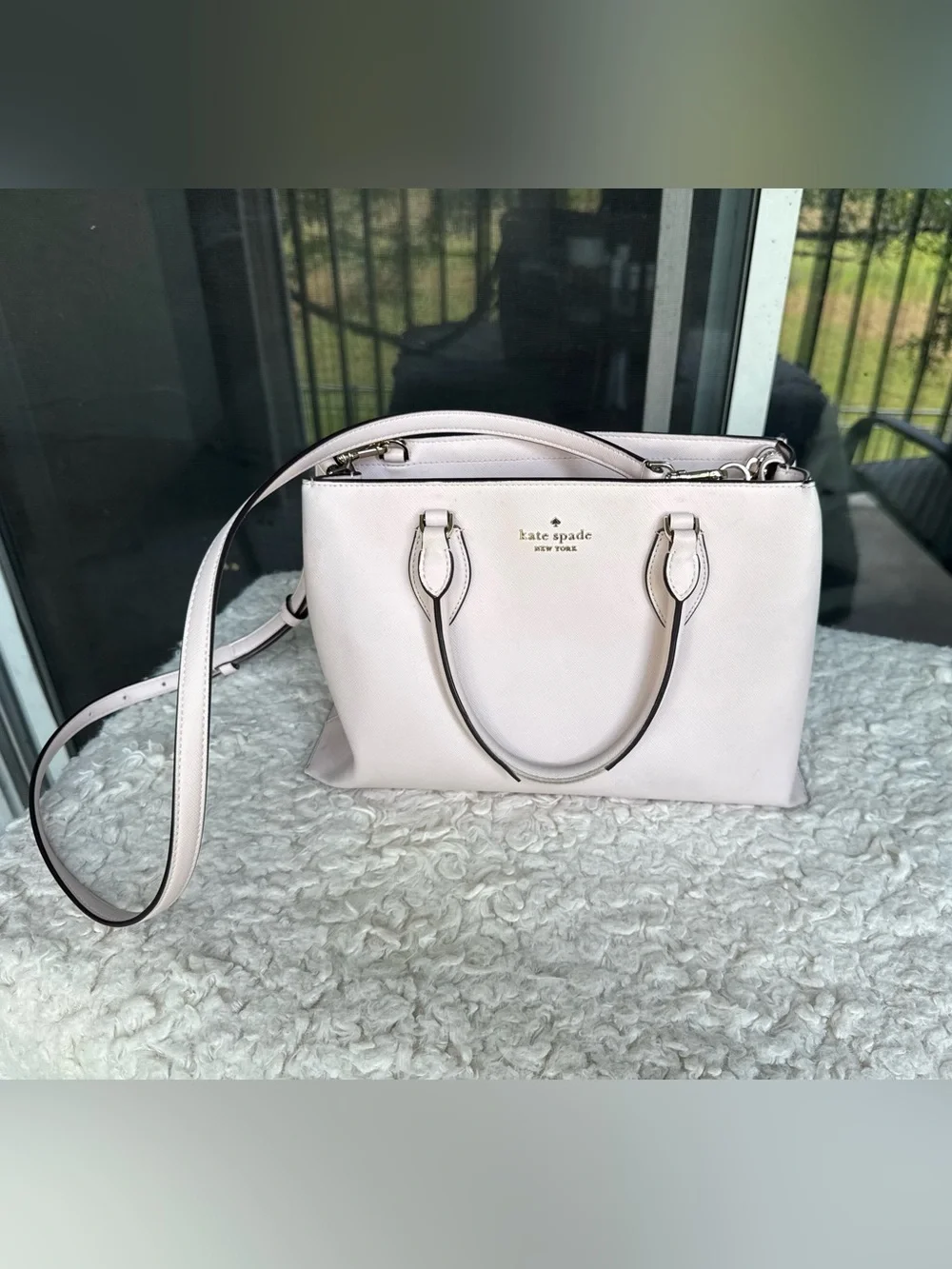 kate spade cream satchel with black trim